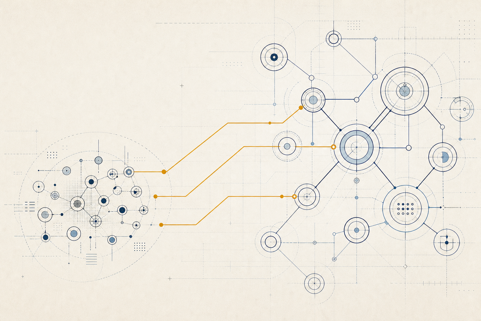 A technical conference relationship cluster connected by amber routes to a committee map