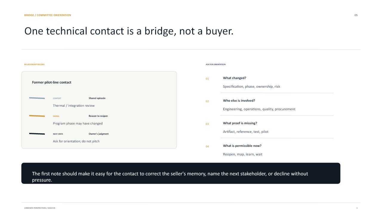 Slide 5: One technical contact is a bridge, not a buyer
