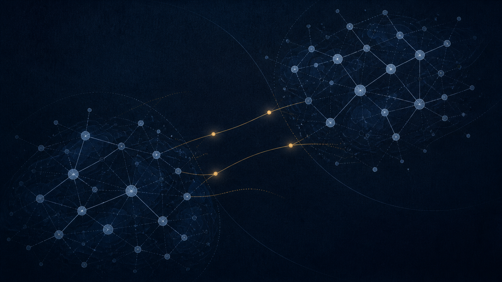 Two quiet professional networks connected by a few amber bridges