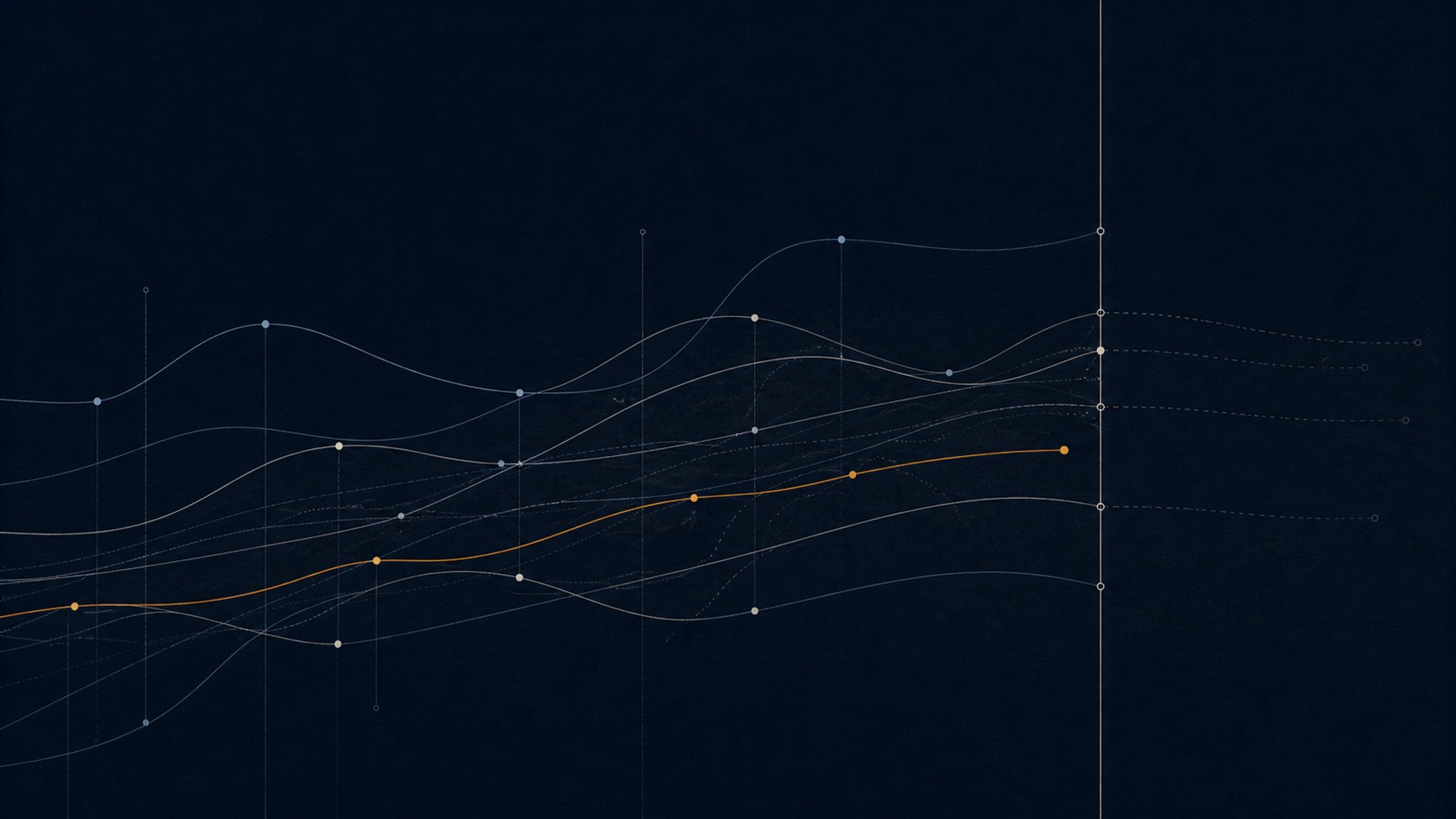 Several routes meet a clear boundary while one amber route stops before it